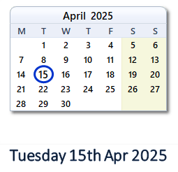 15 April 2025 calendar