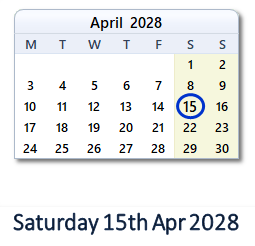 15 April 2028 calendar