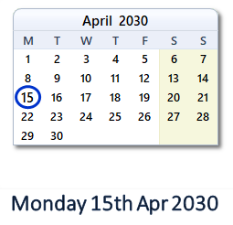 15 April 2030 calendar
