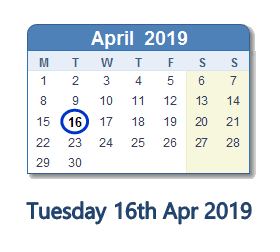 16 April 2019 calendar