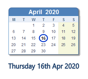 16 April 2020 calendar