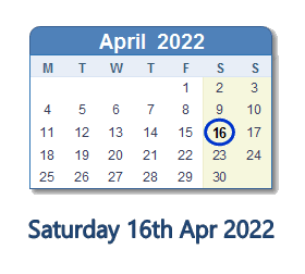 16 April 2022 calendar