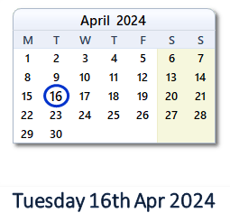 16 April 2024 calendar