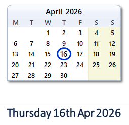 16 April 2026 calendar