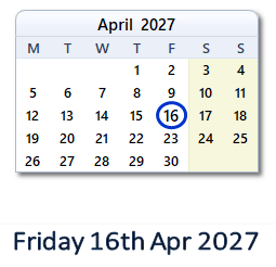 16 April 2027 calendar
