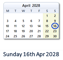 16 April 2028 calendar