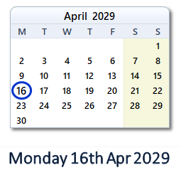 16 April 2029 calendar
