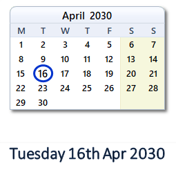 16 April 2030 calendar