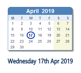 17 April 2019 calendar