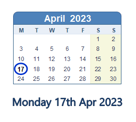 17 April 2023 calendar