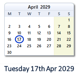 17 April 2029 calendar