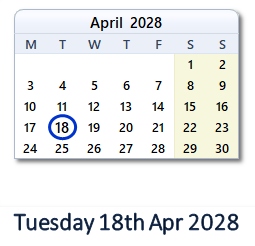 18 April 2028 calendar