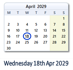 18 April 2029 calendar