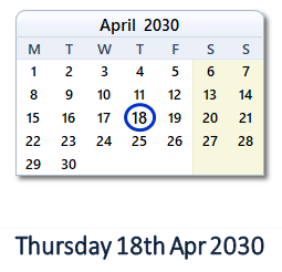 18 April 2030 calendar