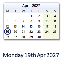 19 April 2027 calendar
