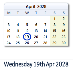19 April 2028 calendar