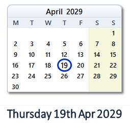 19 April 2029 calendar