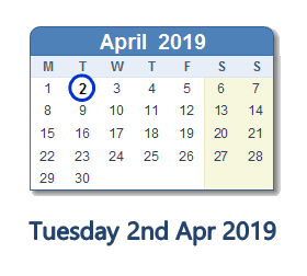 2 April 2019 calendar