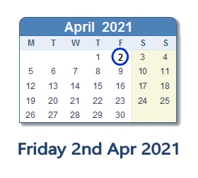 2 April 2021 calendar
