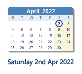 2 April 2022 calendar
