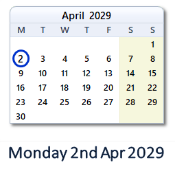2 April 2029 calendar