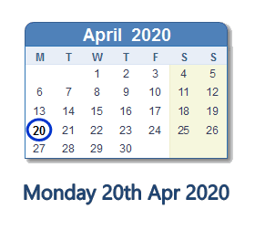 20 April 2020 calendar
