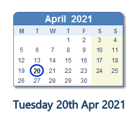 20 April 2021 calendar