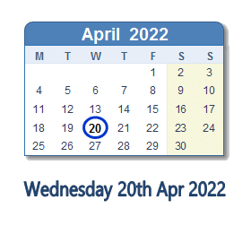 20 April 2022 calendar