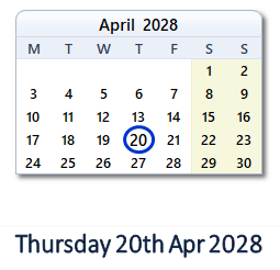 20 April 2028 calendar
