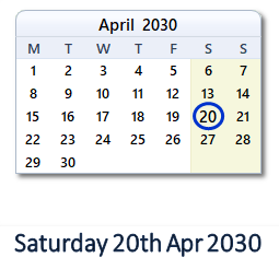 20 April 2030 calendar