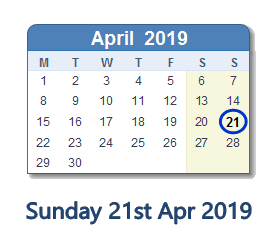 21 April 2019 calendar