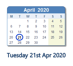 21 April 2020 calendar