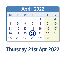 21 April 2022 calendar