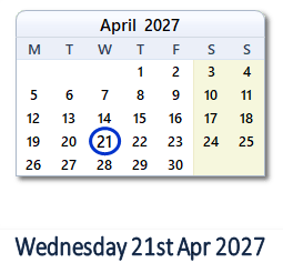 21 April 2027 calendar
