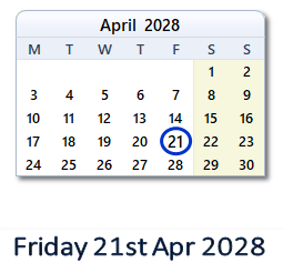 21 April 2028 calendar