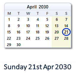 21 April 2030 calendar