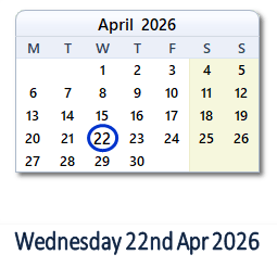 22 April 2026 calendar