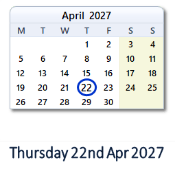 22 April 2027 calendar