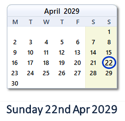 22 April 2029 calendar