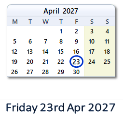 23 April 2027 calendar