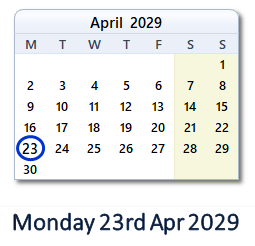 23 April 2029 calendar