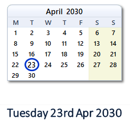 23 April 2030 calendar
