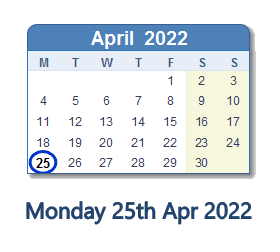25 April 2022 calendar