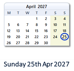 25 April 2027 calendar