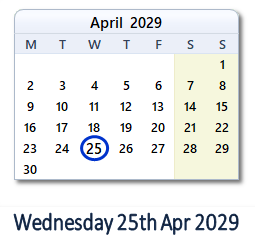 25 April 2029 calendar