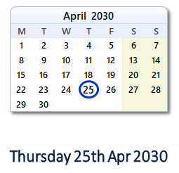 25 April 2030 calendar