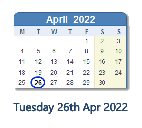 26 April 2022 calendar