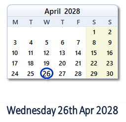 26 April 2028 calendar