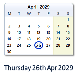 26 April 2029 calendar