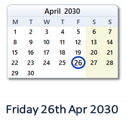 26 April 2030 calendar